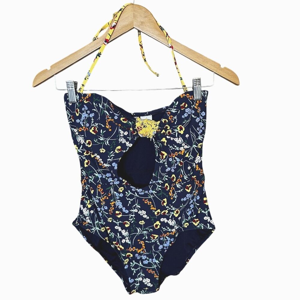 Anne Cole Swimsuit Sz 8 Navy Multicolor Floral One Piece Cut-out Halter Bandeau